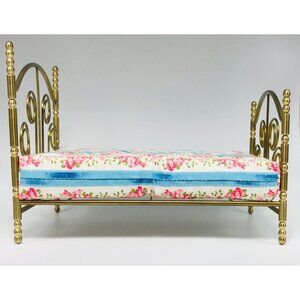 Vintage Artisan Dollhouse Miniature Brass Bed & Mattress Ornate Victorian Style